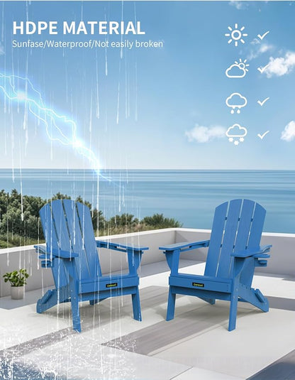 Folding Adirondack Chair, Wooden Textured Plastic Adirondack Chairs with 2 Cup Holder, Weather Resistant HDPE Fire Pit Chair, Outdoor Patio Chairs for Garden, Backyard, Lawn, Deck, 380LBS, Blue