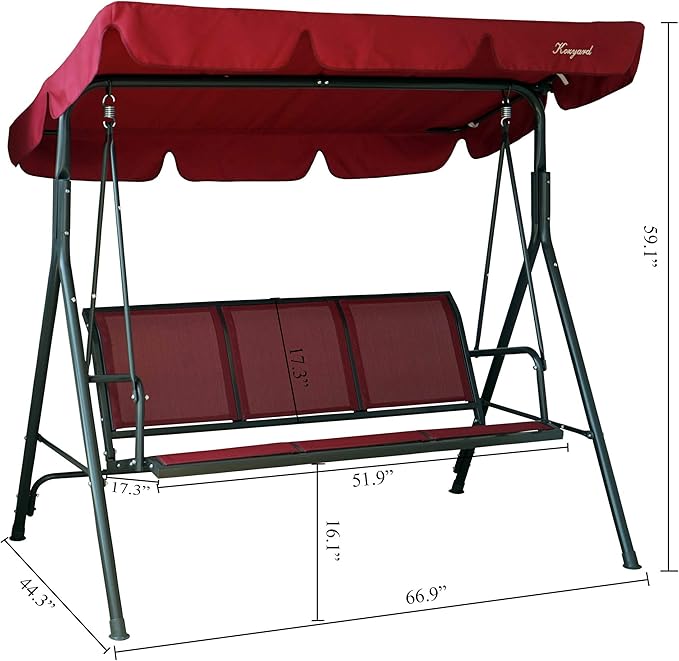 Kozyard 3-Person Outdoor Canopy Porch Swing Chair, Breathable Textilene Armrest Seat, Adjustable Shade - Photo 5