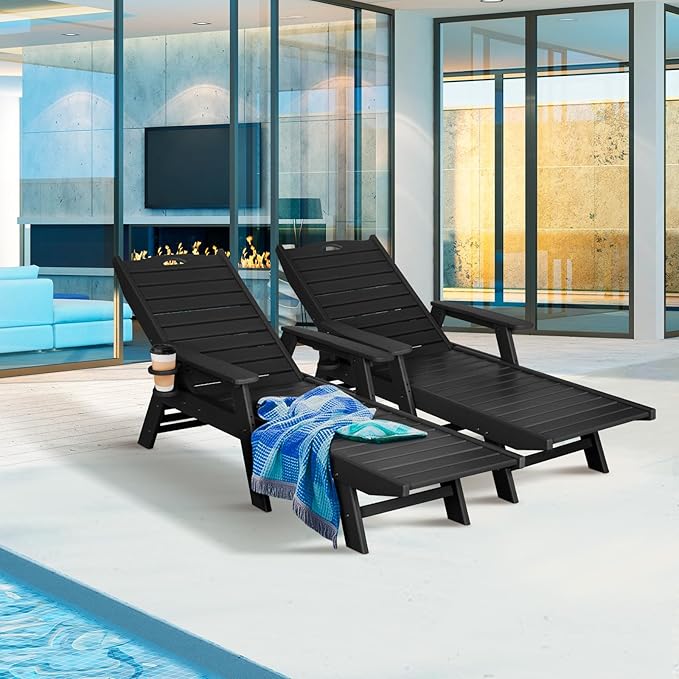 nalone Chaise Lounge Set of 2 Outdoor with 5-Position Adjustable Backrest, HDPE Lounge Chair for Outside Supports Up to 400 LBS, Pool Lounge Chairs for Patio Poolside Deck Beach Backyard (Black)