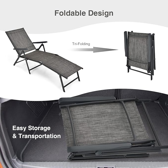 COSTWAY Folding Chaise Lounge, Lightweight & Breathable Fabric, Outdoor Tanning Recliner Chair for Deck, Beach (Grey)