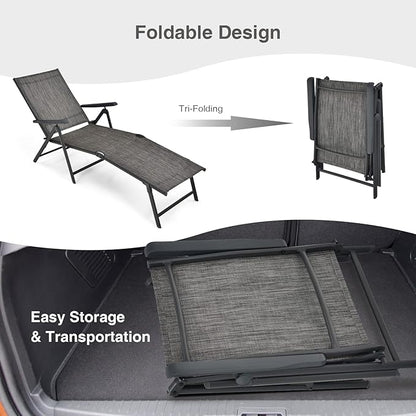 Giantex Set of 2 Patio Lounge Chair Foldable Chaise Lounger, Outdoor Sunbathing Chair W/ 5-Position Backrest, 2-Position Footrest, Portable Recliner for Yard, Lawn Tanning Pool Chairs (Grey)