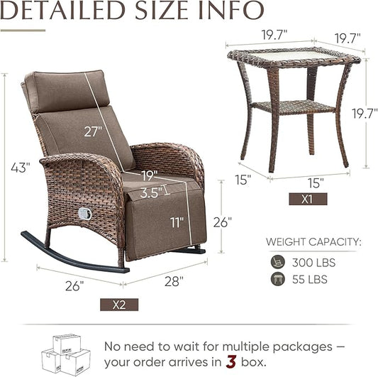 Belord 3 Piece Wicker Patio Furniture Set - Outdoor Swivel Rocker Recliner Chair with Adjustable Backrest & Footrest, All Weather Reclining Lounge Chair with Thick Cushion for Pool Deck Garden Grey