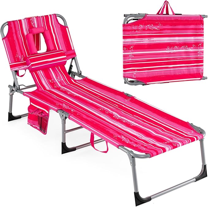 Giantex Face Down Tanning Chair, Folding Beach Lounge Chair w/ 4-Position Adjustable Backrest, Outdoor Sunbathing Lounge Chair w/Face Arm Hole & Storage Pocket for Patio Deck Poolside (1 Pink Stripe)