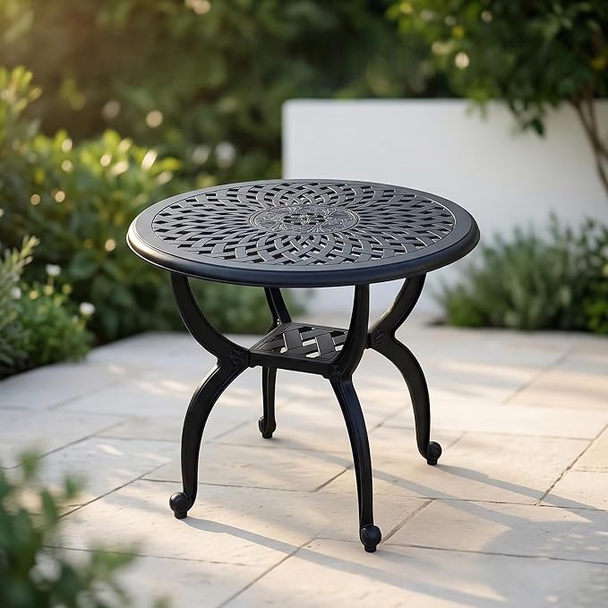 Round Outdoor Coffee Table, Cast Aluminum Side Table with Storage,Indoor End Table, All-Weather Bistro Table for Patio Garden Lawn,Black
