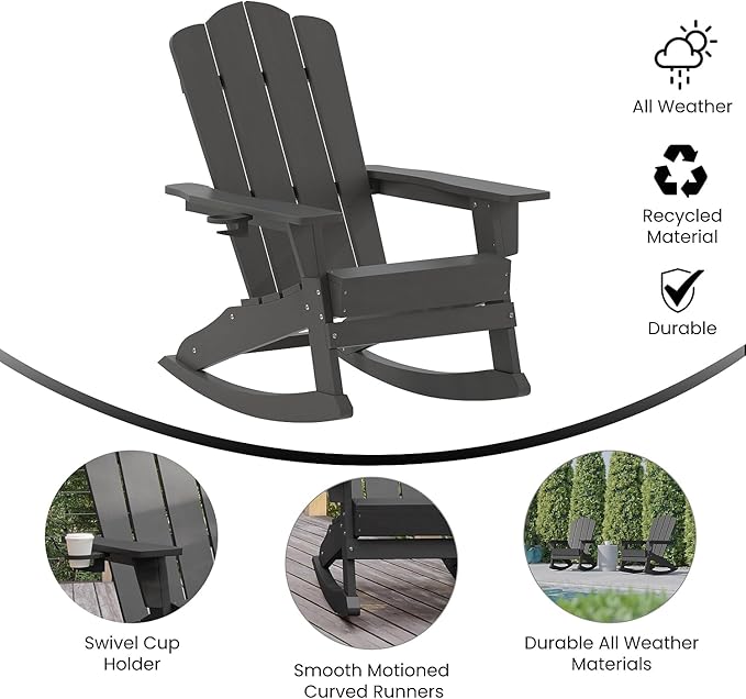 Flash Furniture Newport Adirondack Rocking Chairs with Cup Holder, Weather Resistant Poly Resin Adirondack Rocking Chairs, Set of 2, Gray