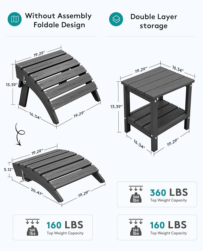 SERWALL 5-Piece Folding Adirondack Chair and Ottoman and Table Set, HDPE Adjustable Adirondack Chairs Set, Grey - Photo 4