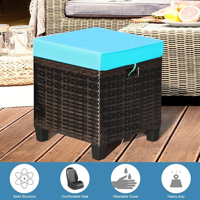 Tangkula 2 Pieces Outdoor Patio Ottoman, All Weather Rattan Wicker Ottoman Seat, Patio Rattan Furniture - Photo 9