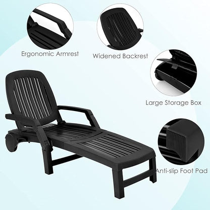 Tangkula Outdoor Chaise Lounge Chair, 5-Position Adjustable Recliner with Storage Box and Flexible Wheels, All-Weather Folding Patio Lounge Chair for Poolside, Beach and Backyard (2, Black)