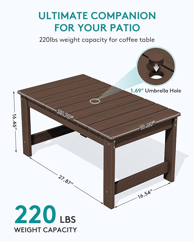 SERWALL Outdoor Coffee Table with 1.69" Umbrella Hole, HDPE Patio Coffee Table for Outside, Rectangle, Coffee - Photo 3