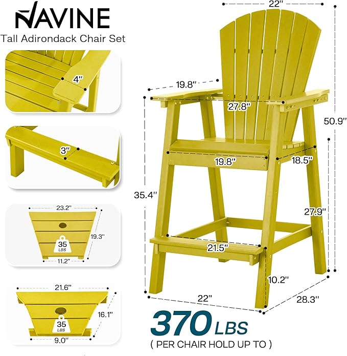 Tall Adirondack Chairs Set of 2, HDPE Balcony Chair with Double Connecting Tray, Weather Resistant Outdoor Adirondack Bar Stools for Patio, Deck, Patio, Backyard, Balcony. (Yellow)