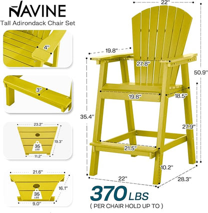 Tall Adirondack Chairs Set of 2, HDPE Balcony Chair with Double Connecting Tray, Weather Resistant Outdoor Adirondack Bar Stools for Patio, Deck, Patio, Backyard, Balcony. (Yellow)
