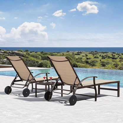 PURPLE LEAF Outdoor Chaise Lounge Chair Set of 3 Patio Pool Lounger Aluminum Chairs with Side Table and Wheels Adjustable Tanning Recliner for Outside Backyard Yard Deck Balcony Beach Light Khaki