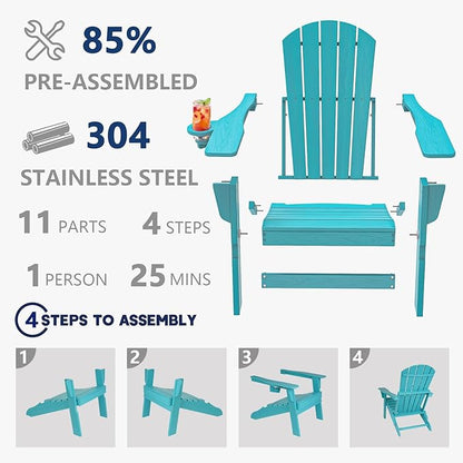 Plawdlik Folding Adirondack Chair Set of 6 with Cup Holder，Wooden Textured ，Heavy All-Weather HDPE Comfortable Set Poolside Backyard Lawn, Aruba Blue