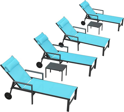 PURPLE LEAF Patio Lounge Chair Set Outdoor Chaise Lounger Aluminum Frame with Armrest 2 Side Table and Wheels for Pool Outside Sunbathing Tanning Recliner Including Pillows Turquoise Blue