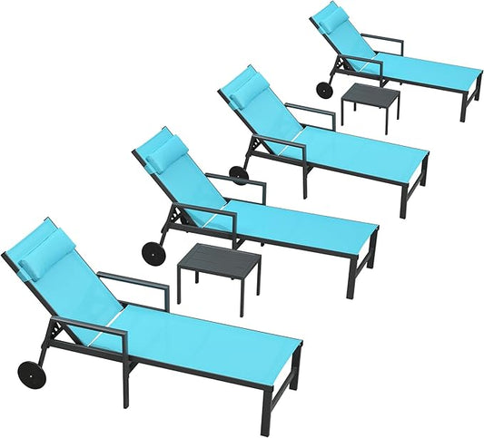 PURPLE LEAF Patio Lounge Chair Set Outdoor Chaise Lounger Aluminum Frame with Armrest 2 Side Table and Wheels for Pool Outside Sunbathing Tanning Recliner Including Pillows Turquoise Blue