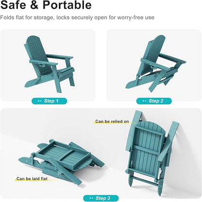 HDPE Foldable Adirondack Outdoor Chair with Cup Holder, Weather Resistant Heavy-Duty Patio Chair for Patio, Backyard, Deck, Fire Pit, Lawn and Porch, Lake Blue