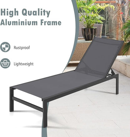 Giantex Patio Chaise Lounge Chair, Outdoor Sunbathing Chair Lawn Reclining Lounger with 6 Adjustable Position, Aluminium Frame, Outside Tanning Chairs for Deck,Yard, Pool Lounge Chairs (1, Gray)