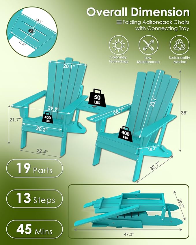 GREENVINES Folding-Adirondack-Chairs-Set-of-2 | HDPE Plastic | Throne Series | Fire Pit Chair | with Connecting Tray | Removable Table | All Weather | for Outdoor Patio Deck Poolside | Aqua