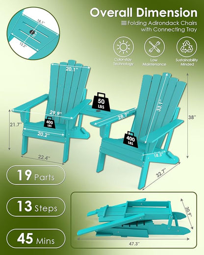 GREENVINES Folding-Adirondack-Chairs-Set-of-2 | HDPE Plastic | Throne Series | Fire Pit Chair | with Connecting Tray | Removable Table | All Weather | for Outdoor Patio Deck Poolside | Aqua