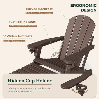 BRIOPAWS Adirondack-Chairs-with-Pull-Out-Footrest | Set of 6 | Folding | HDPE Plastic | Fire Pit Chair | All Weather | Cup Holders | Curved Back | Retractable Ottoman | for Poolside Deck | Dark Brown