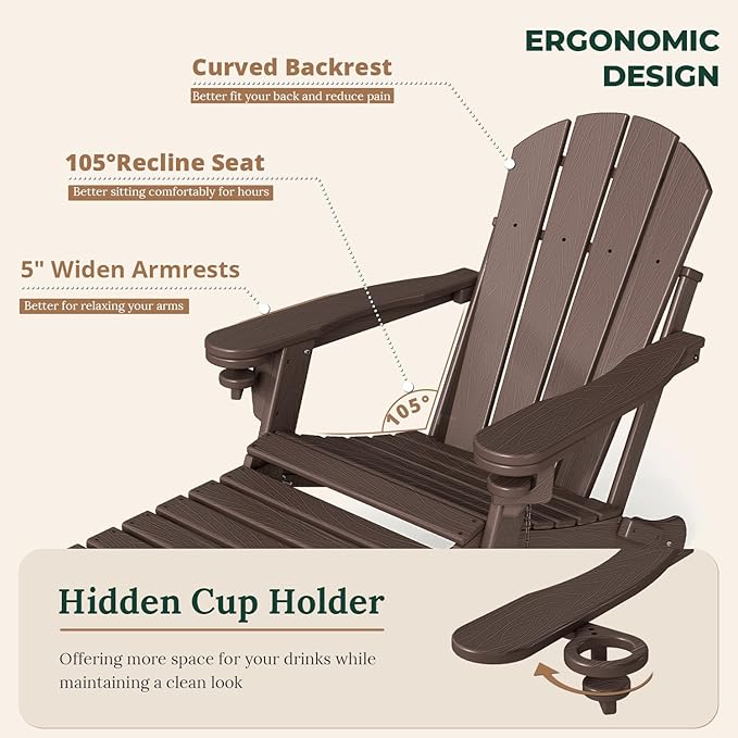 BRIOPAWS Adirondack-Chair-with-Pull-Out-Footrest | Folding | HDPE Plastic | Fire Pit Chairs | All Weather | Cup Holders | Curved Back | Retractable Ottoman | for Outdoor Deck Poolside | Dark Brown