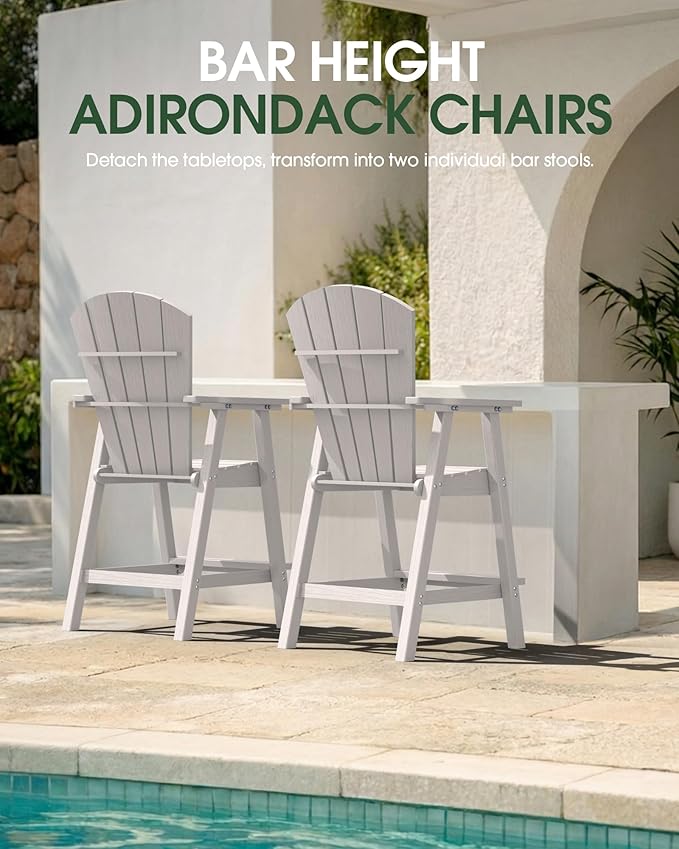 Tall Adirondack Chairs Set of 4, HDPE High Adirondack Chairs with Double Removable Trays, All Weather Outdoor Barstools for Patio, Balcony, Backyard, Deck and Garden, White