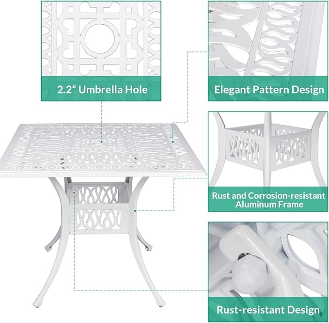 VIVIJASON 35.4" Outdoor Patio Dining Square Table White Cast Aluminum Rustic Large Patio Table with Umbrella Hole - Photo 4