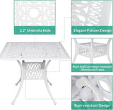 VIVIJASON 35.4" Outdoor Patio Dining Square Table White Cast Aluminum Rustic Large Patio Table with Umbrella Hole - Photo 4
