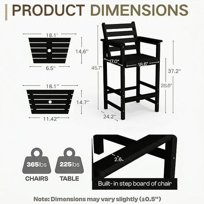 Kingdura Tall Adirondack Chairs Set of 2, Weather Resistant HDPE Bar Height Outdoor Stools with Removable Double Connecting Trays, Wooden Grain for Patio, Balcony, Deck (Black)