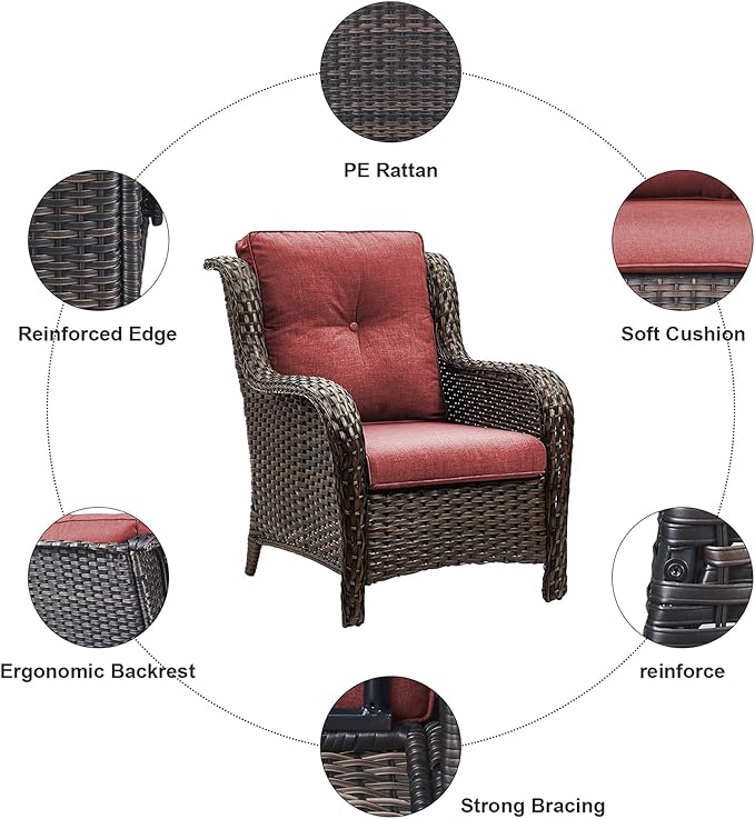 HUMMUH 3 Pieces Patio Bistro Set Wicker Patio Chairs Set of 2 with Tempered Glass Top Side Table Rattan Outdoor - Photo 5