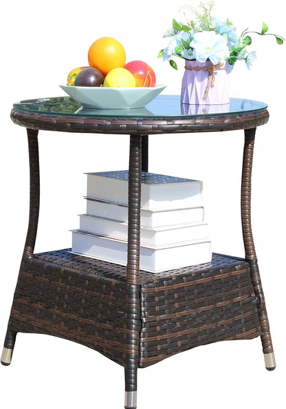 Round Outdoor PE Wicker Side Table with Storage, Patio Rattan End Table Round Glass Top Table for Furniture Gardening Tools