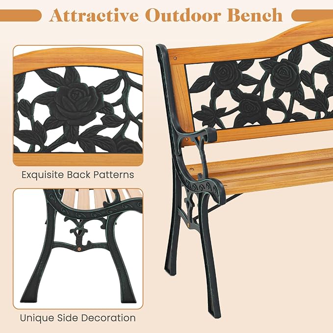 Giantex Outdoor Bench with Slatted Seat, Curved Armrests, Flower Pattern Backrest, 470 Lbs Capacity, Cast Iron Metal Patio Bench for Garden, Outside, Lawn, Porch, Yard, Park Bench