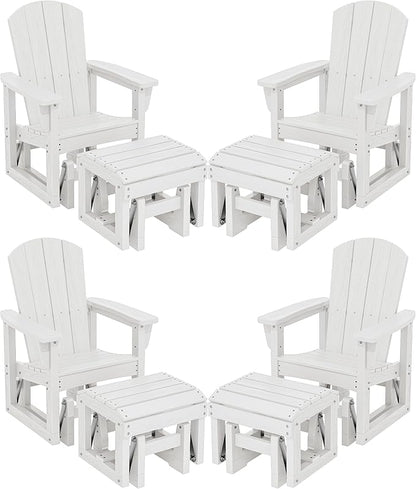 SERWALL Outdoor Glider Chair Set of 4 with Ottoman, HDPE Wood-Like Patio Glider Set All-Weather Porch Glider for Outside, White