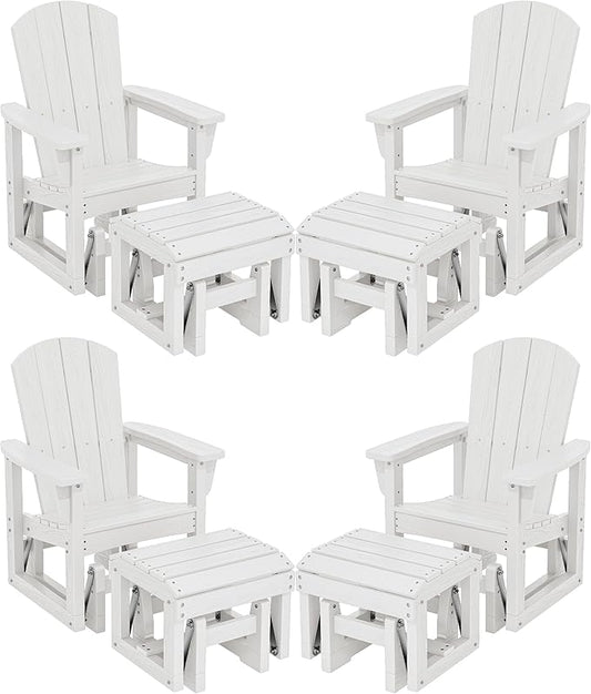 SERWALL Outdoor Glider Chair Set of 4 with Ottoman, HDPE Wood-Like Patio Glider Set All-Weather Porch Glider for Outside, White