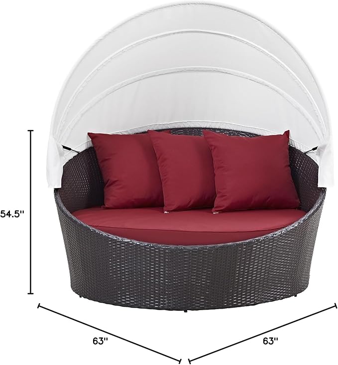 Modway Convene Wicker Rattan Outdoor Patio Retractable Canopy Round Poolside Sofa Daybed in Espresso Red