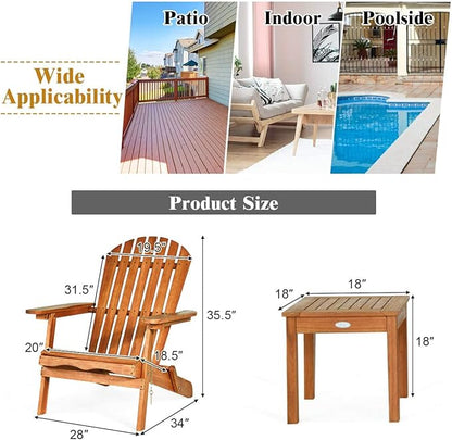 Giantex Adirondack Chair Set 3-Piece Foldable Wooden Chairs Set W/Widened Armrest, Eucalyptus Frame and Side Table Outdoor & Indoor Table Set for Patio Poolside Garden, Set of 3 Wooden Lounger Chair