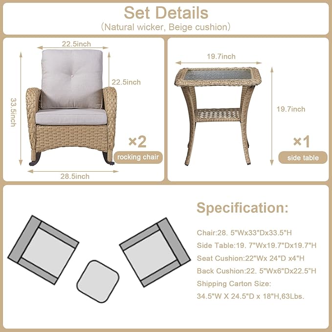 Belord Outdoor Rocking Chairs Set of 2, Wicker Rocker Rocking Chairs for Porch, 3 Pieces Patio Furniture Sets Rocking Bistro Set with Cushions and Side Table
