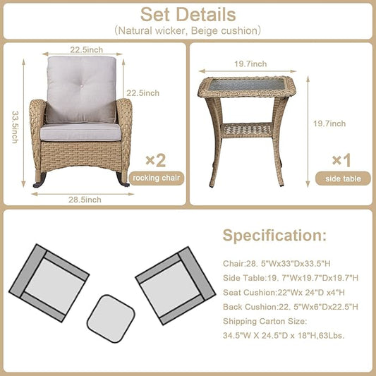 Belord Outdoor Rocking Chairs Set of 2, Wicker Rocker Rocking Chairs for Porch, 3 Pieces Patio Furniture Sets Rocking Bistro Set with Cushions and Side Table