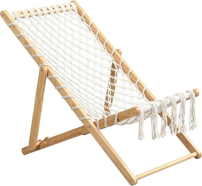 Set of 2 Boho Rope Folding Lounge Chairs – Adjustable Outdoor Macrame Patio Chairs with Bamboo Frame, Portable Deck Chairs for Garden, Porch, Beach, Poolside (Natural)