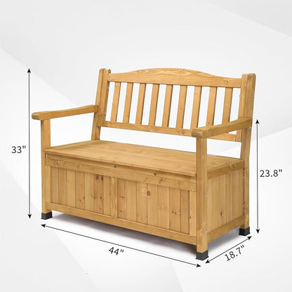 44" Large Wood Deck Box,Outdoor Garden Storage Container,Wooden Outdoor Patio Storage Bench,Patio Furniture Storage Bench,with Backrest & Armrest,for Porch Yard Lawn Poolside Backyard (Yellow)
