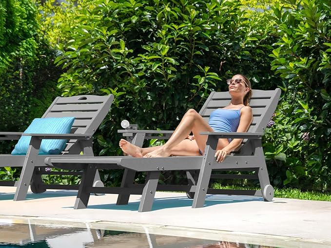 nalone Chaise Lounge Set of 2 Outdoor with 5-Position Adjustable Backrest, HDPE Lounge Chair for Outside Supports Up to 400 LBS, Pool Lounge Chairs for Patio Poolside Deck Beach Backyard (Grey)