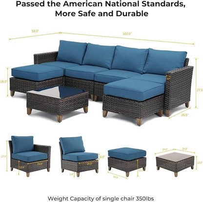 Grand patio Sofa Sets Outdoor Furniture Sets, Wicker Patio Furniture 7-Piece Sectional Sofa with Thick Cushions for Yard Garden Porch for Six (Peacock Blue Sofa Set for Six, 7 PCS)