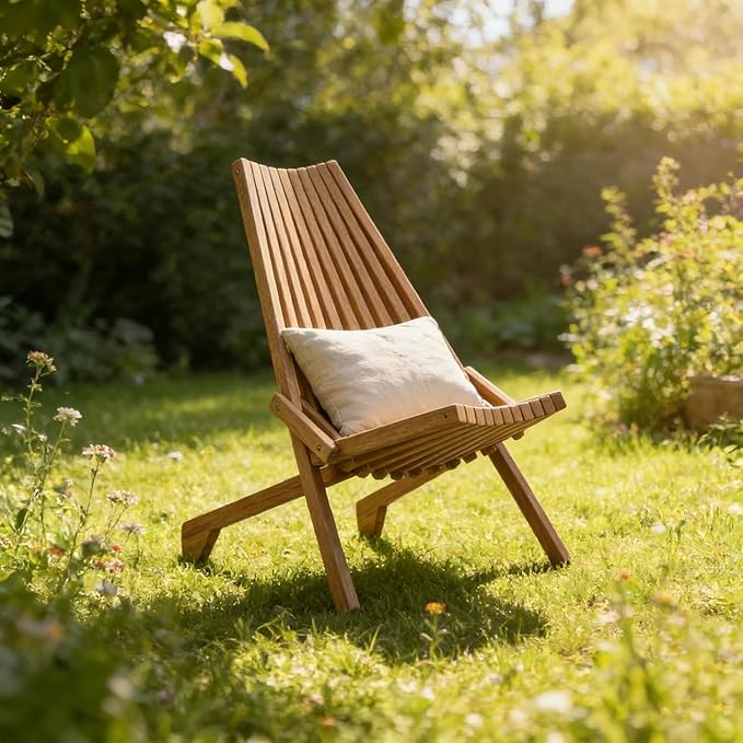 Folding Wooden Outdoor Chair, Stylish Low Profile Acacia Wood Lounge Chair for The Porch, Lawn, Garden or Outdoor Patio Furniture, Natural (1 Pack)