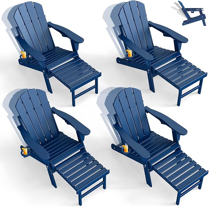 GREENVINES Adjustable Adirondack Chair with Retractable Ottoman Set of 4 | Folding | HDPE Plastic | Fire Pit Chairs w/Foot Rest | 2 Cup Holders | Blue | for Outdoor Patio Poolside Deck