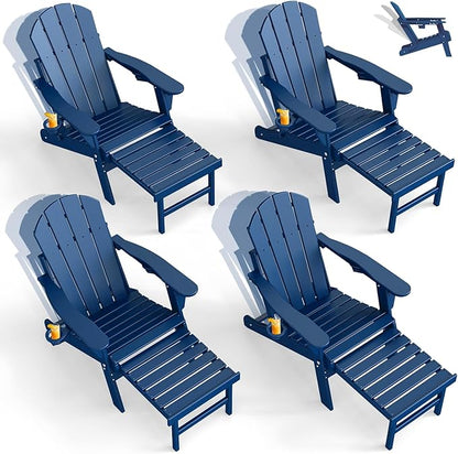 GREENVINES Adjustable Adirondack Chair with Retractable Ottoman Set of 4 | Folding | HDPE Plastic | Fire Pit Chairs w/Foot Rest | 2 Cup Holders | Blue | for Outdoor Patio Poolside Deck