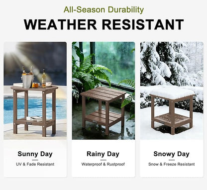 Outdoor Side Table HDPE Small Outdoor End Table Patio Side Tables Square for Backyard Pool Porch Balcony Double Layer Storage, Brown (Wood Grain Finish)