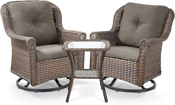 3 Piece Patio Swivel Chairs and Side Table Set - High Back Outdoor Brown Wicker Rattan Rocking Glider with Thick - Photo 1