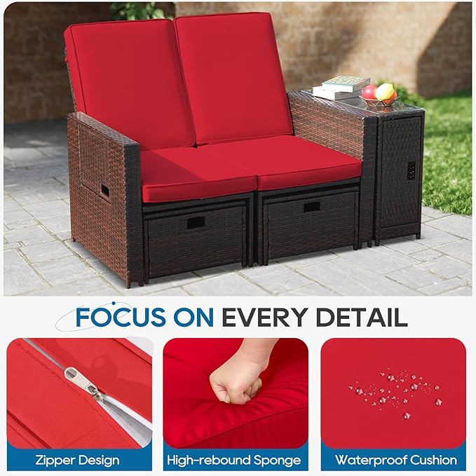5PCS Outdoor Wicker Chaise Lounge Chair - Rattan Adjustable Reclining Patio Lounge Chair with Ottoman and Coffee Table, for Patio Beach Pool Backyard (Brown Wicker Red Cushion)