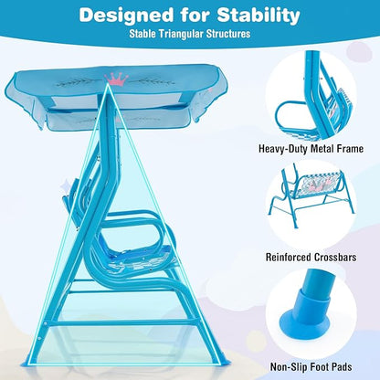 KOTEK Kids Patio Swing, 2-Seater Outdoor Hanging Bench with Adjustable Canopy, Safety Belt & Curved Armrest, Kids Swing Chair with Stand for Backyard, Garden, Lawn, Porch (Blue Flamingo)