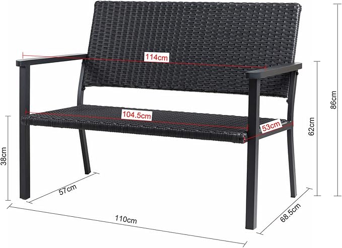 C-Hopetree Outdoor Loveseat Bench Chair for Outside Patio Porch, Metal Frame, Black All Weather Wicker